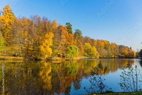MOSCOW, RUSSIA - October 17, 2018: Panoramic view to the pond in Tsaritsyno park