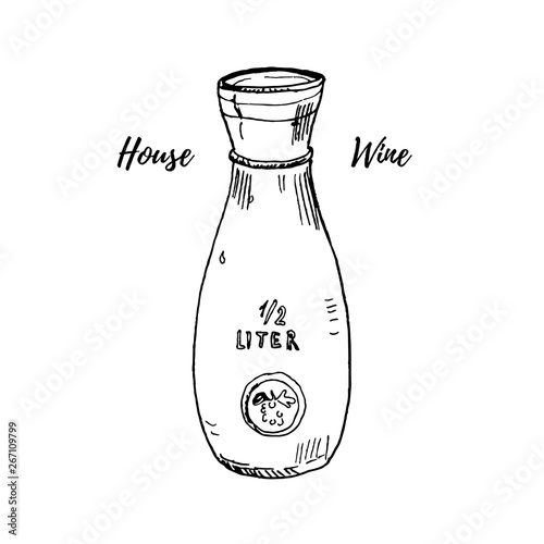Glass wine or water carafe vector illustration isolated on white. Hand drawn ink sketch. Italian and French typical house wine serving vessel