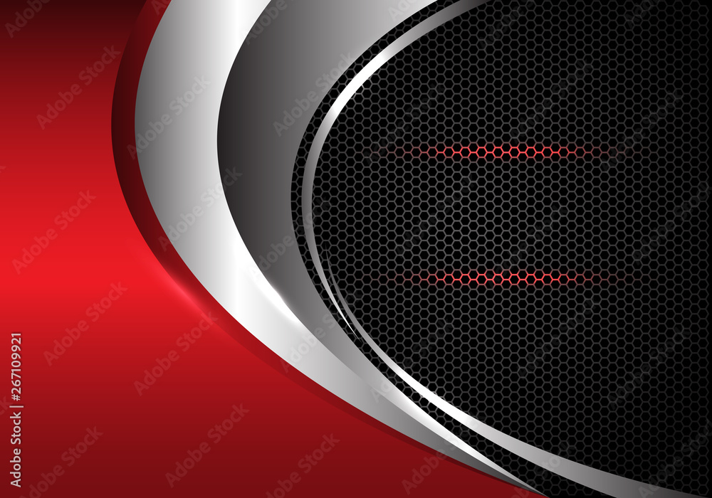 Abstract silver curve and red metallic on dark grey hexagon mesh design