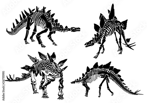 Graphical set of stegosaurus skeletons isolated on white ,vector illustration,tattoo.