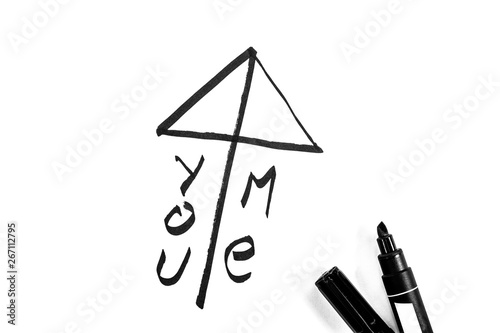 Japanese style love symbol is painted with a marker, black and white photo