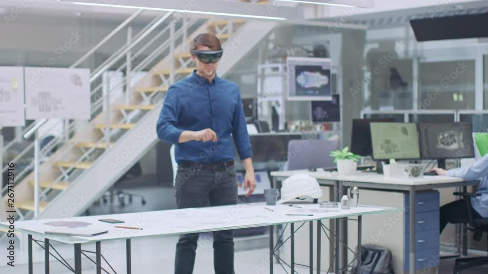 Engineering Software Developer Wearing Virtual Reality Headset Uses ...