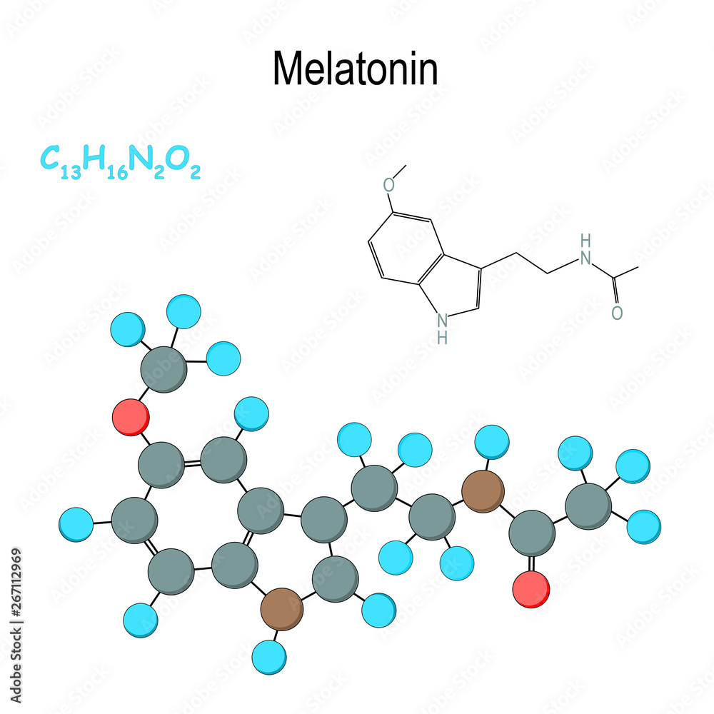 Melatonin. Chemical structural formula and model of hormone molecule Melatonin. Chemical structural formula and model of hormone molecule