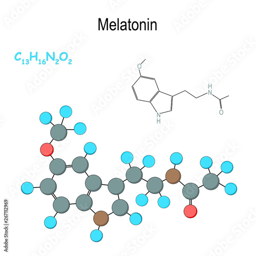 Melatonin. Chemical structural formula and model of hormone molecule