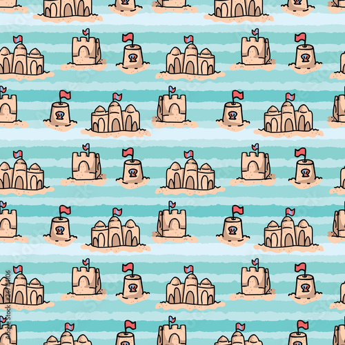 Cute beach sand castles with flag seamless vector pattern. Hand drawn beach summer day. All over print for seaside shell blog, nautical graphic, holiday home decor.