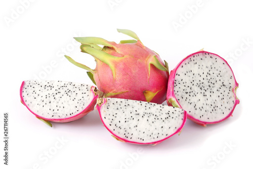 Dragon fruit full and half fruits isolated on white background