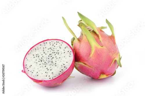Dragon fruit full and half fruits isolated on white background