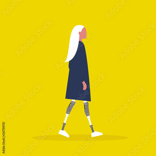 Young female character with prosthetic lower limbs