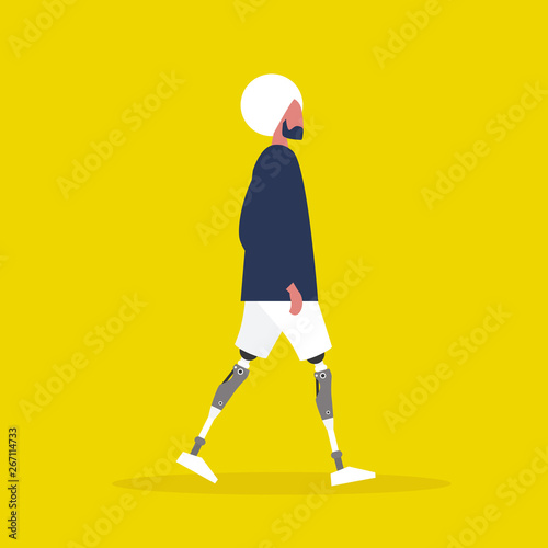 Young indian male character with prosthetic lower limbs. Modern disabled people. Lifestyle. New technologies. Flat editable vector illustration, clip art