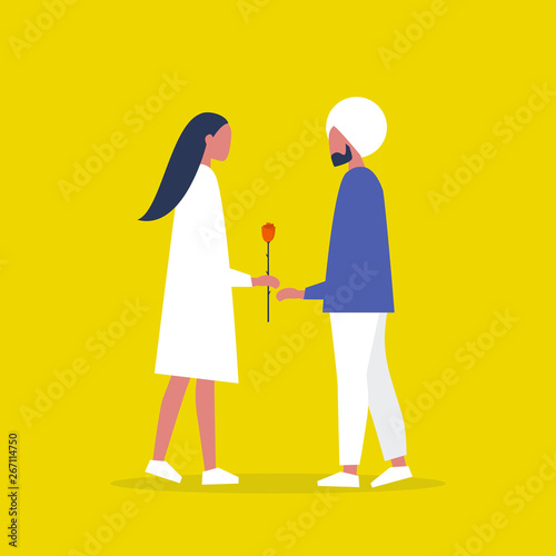 Romantic date. Saint valentines day. A couple of young adults holding a red rose. Love. Flat editable vector illustration, clip art