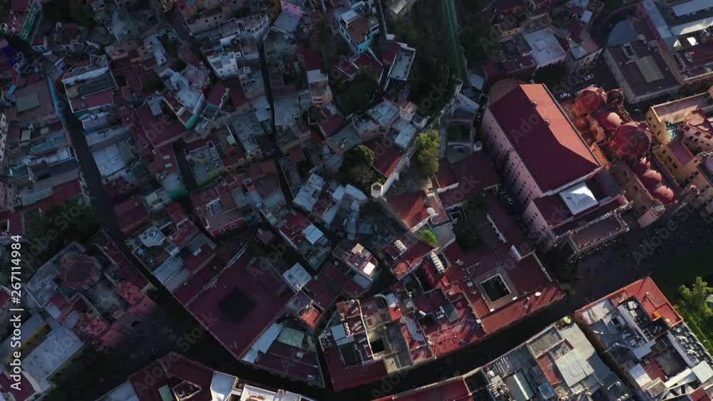 Cinematic Drone Aerial Bird View of Guanajuato City Center in Central Mexico With Basilica Colegiata De Nuestra Senora Cathedral 4k