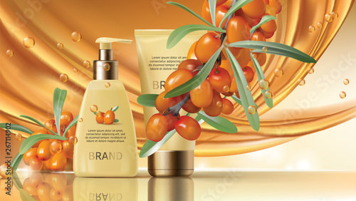 Sea buckthorn cosmetics vector realistic ads poster. Elegant packaging with cosmetic cream or lotion, branch with juicy orange seaberry, olive green leaves and flowing golden oil, magazine mockup