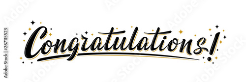 "Congratulations!" bulk lettering greeting sign. Handwritten modern brush lettering with golden stars. Text for card, T-shirt print, banner, poster, web, notebook, sketchbook. Isolated vector