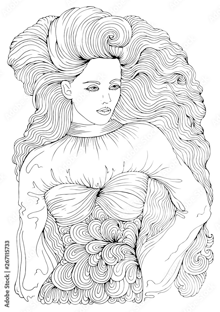 JPEG hand drawn portrait of sexy fashionable woman with long wavy hair. Black and white Fashion model. Pattern for coloring book A4 size. Coloring book for adults. Design card, print on t-shirt JPEG hand drawn portrait of sexy fashionable woman with long wavy hair. Black and white Fashion model. Pattern for coloring book A4 size. Coloring book for adults. Design card, print on t-shirt