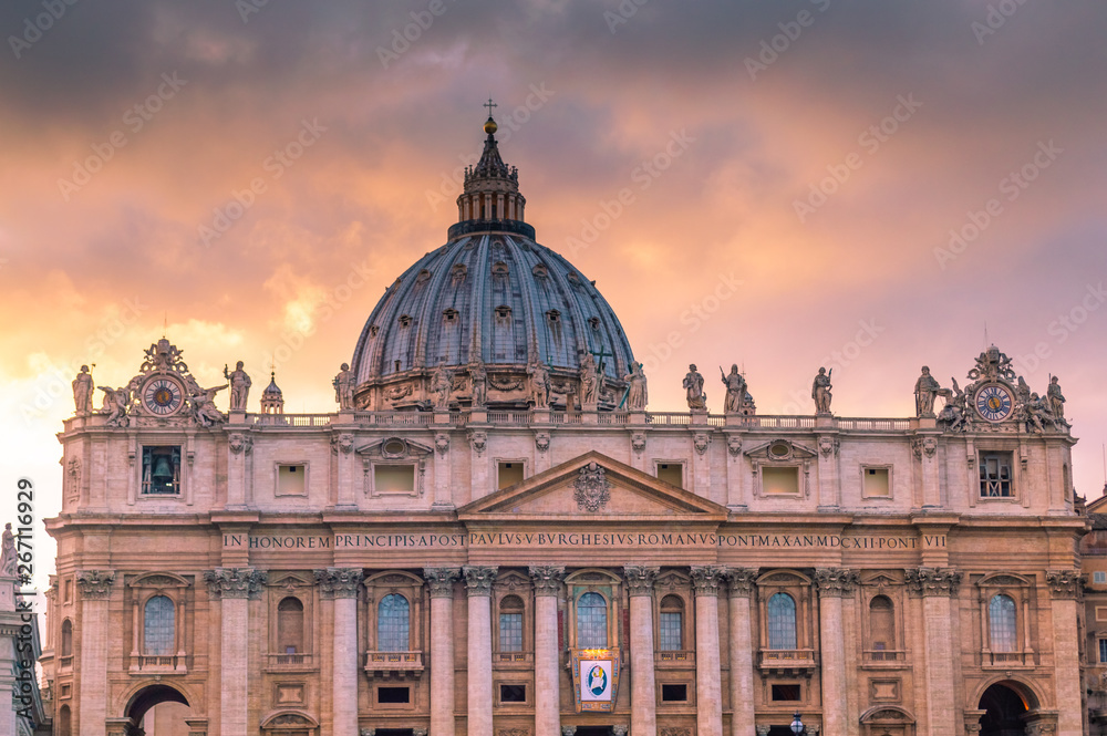 Beautiful sunset over St. Peter Basilica, Vatican, Rome