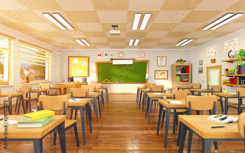 Empty school classroom in cartoon style. Education concept without students. 3d render interior illustration. Back to school design template. photo