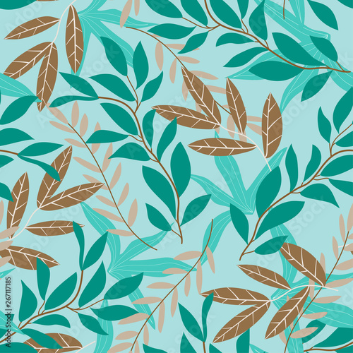 Seamless pattern with green tropical leaves on green background. Vector design. Flat jungle print. Floral background.
