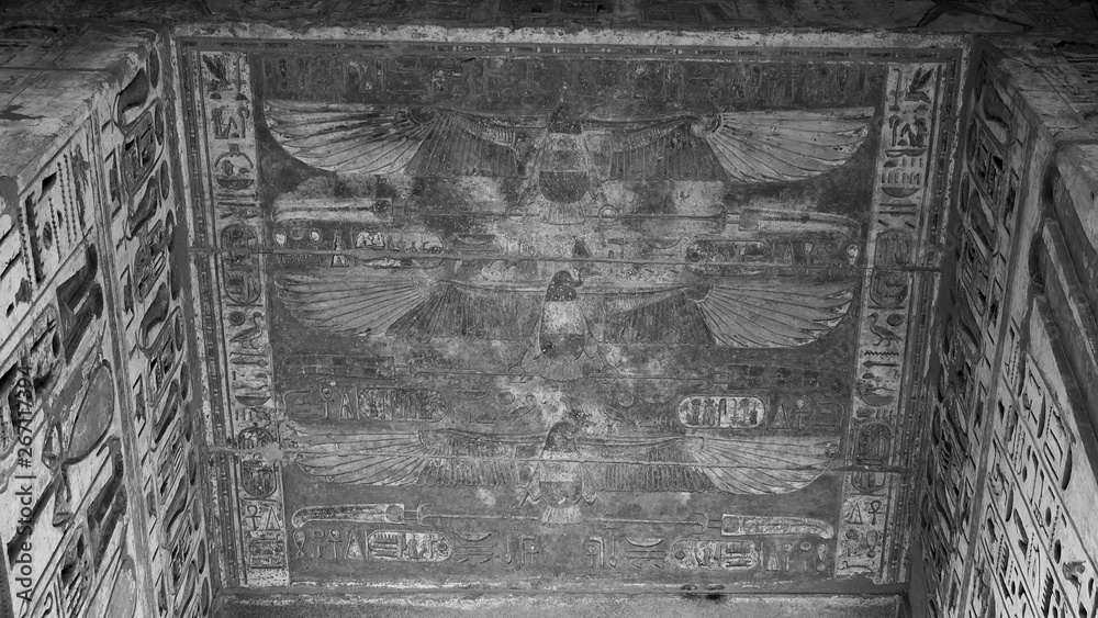 Fototapeta premium old ancient Egyptian carvings on the wall, people, birds, and hieroglyphics on the roof of an ancient temple, beautiful black and white background