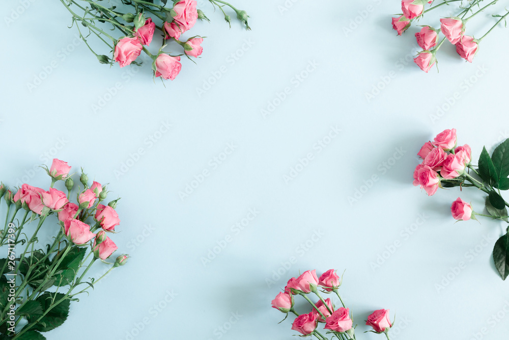 Beautiful flowers composition. Pink rose flowers on pastel blue background. Valentines Day, Easter, Happy Women's Day, Mother's day. Flat lay, top view, copy space Beautiful flowers composition. Pink rose flowers on pastel blue background. Valentines Day, Easter, Happy Women's Day, Mother's day. Flat lay, top view, copy space