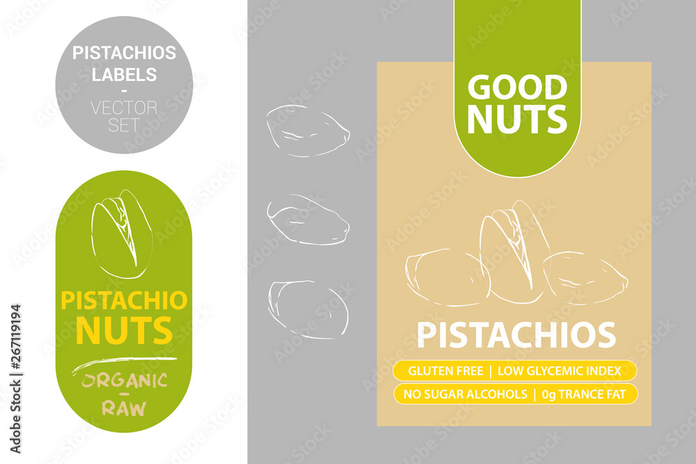 Pistachios labels with green elements. Cartoon drawn Pistachio nuts
