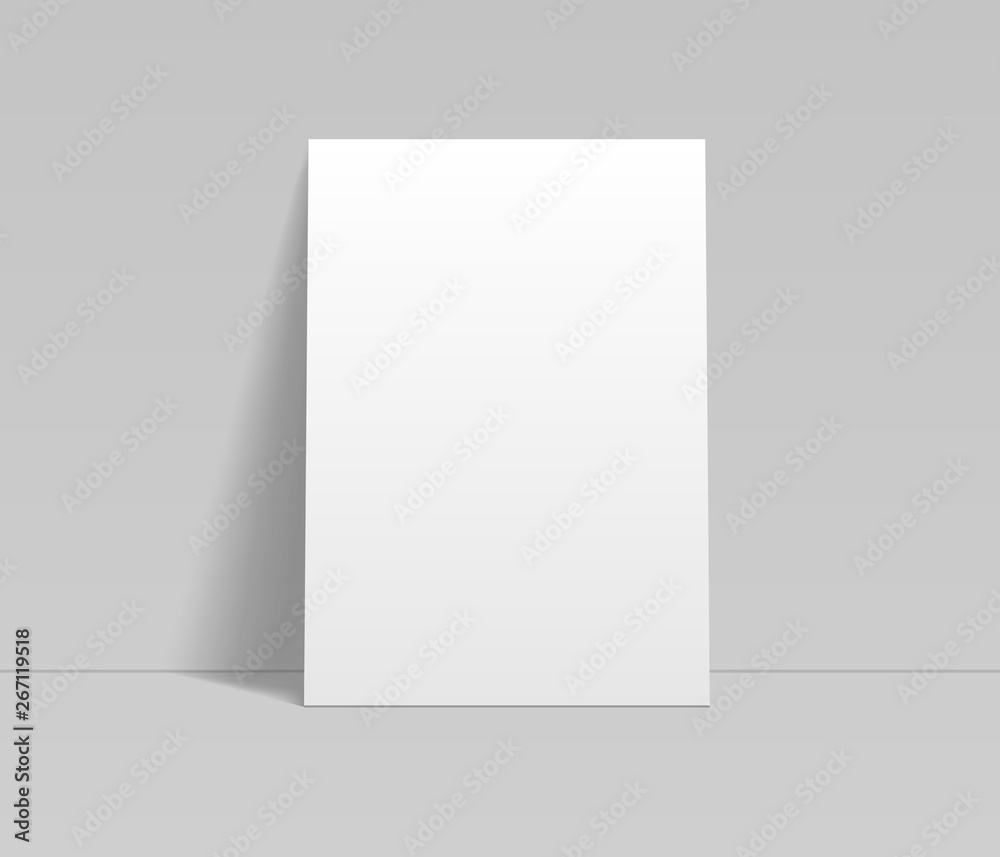 Blank white sheet of paper leaning at the wall template, vector mockup