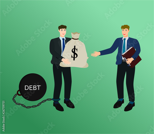 Businessman pay debt for creditor with big money bag , vector cartoon