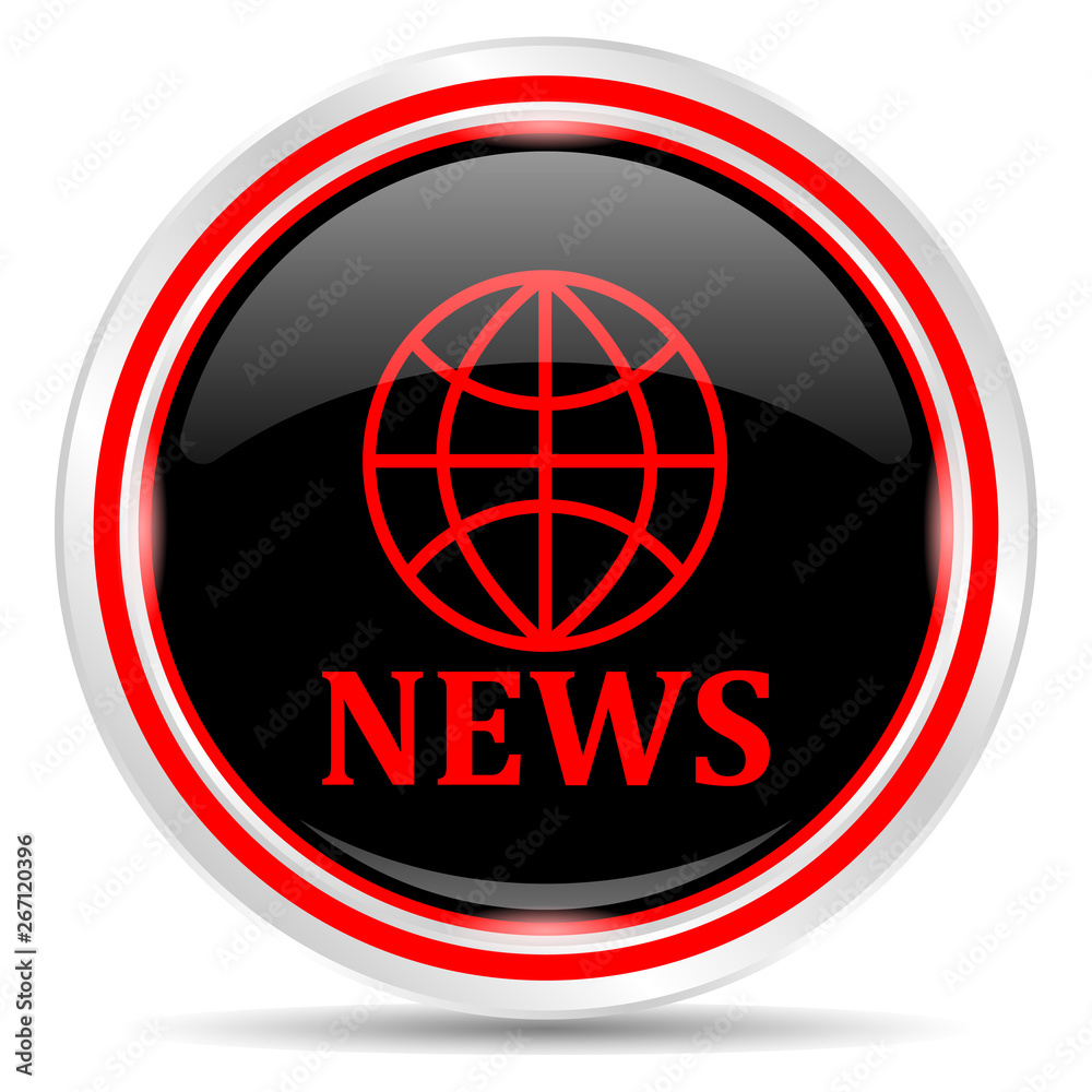 News icon. Round metal web button, black and red. News icon. Round metal web button, black and red.