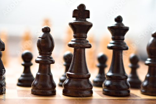 Starting point of a chess game, view from he angle of the black pieces