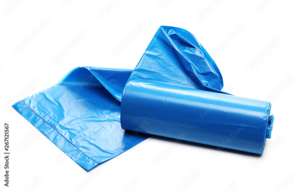 Roll Of Plastic Garbage Bags Isolated On White Stock Photo