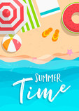 Summer time card of beach vacation in top view
