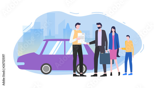 Man Buy Car Automobile Seller Make Contract Vector Illustration. Family Rent Auto Salesman Woman Boy Family Travel Tourism journey Business Rental Service Credit Loan Rental Agreement