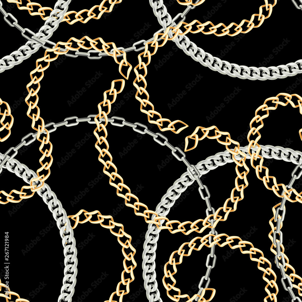 Gold and silver chains on black background. Seamless pattern vector ...