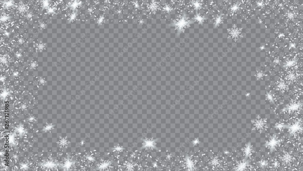 Fototapeta premium Glitter snowflakes background. Holiday illustration for christmas card. Bbright, White, Shimmer, Glowing, Scatter, Falling on a Transparent background.