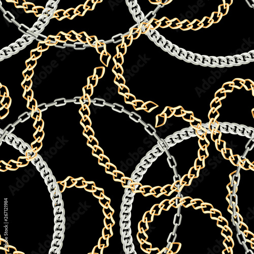 Gold and silver chains on black background. Seamless pattern vector image. Print on textile. Fabric background design.
