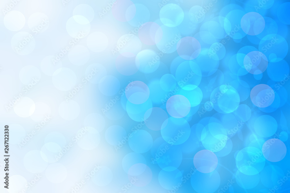 Abstract gradient of light blue white pastel background texture with glowing circular bokeh lights. Beautiful colorful spring or summer backdrop. Space.
