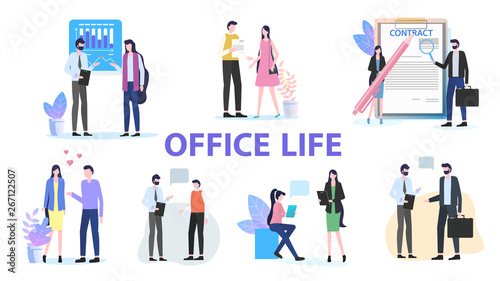 Office Life Group Man Woman Colleague Team Work Talk Discuss Contract Sign vector Illustration. Businessman Businesswoman Communication Coworker Frienship Love People Meeting Company Staff