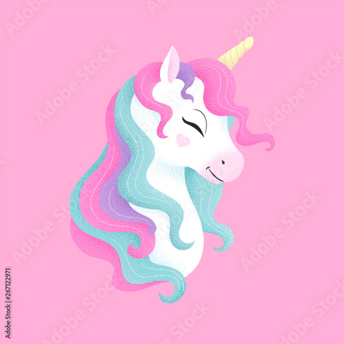 Porular unicorn drawing for t shirts on a pink background. Design for kids. Fashion illustration drawing in modern style for clothes. Girlish print. Unicorn, shape, noise