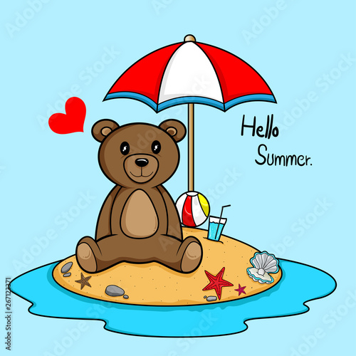 Hello Summer Bear on the beach vector cartoon illustration