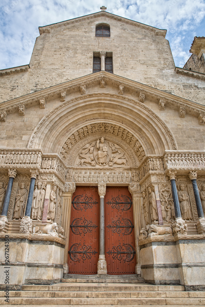 Beautiful architecture of entrance door of Church of Saint Trophime. The entrance of the St-Trophime church in Arles, Provence, Bouches-du-Rhône, France