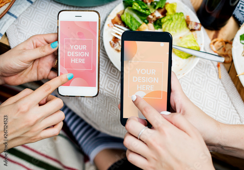 People Using Smartphone Mockup on Dinner Table