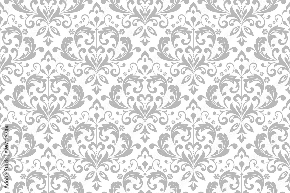 Wallpaper in the style of Baroque. Seamless vector background. White and grey floral ornament. Graphic pattern for fabric, wallpaper, packaging. Ornate Damask flower ornament. Wallpaper in the style of Baroque. Seamless vector background. White and grey floral ornament. Graphic pattern for fabric, wallpaper, packaging. Ornate Damask flower ornament.