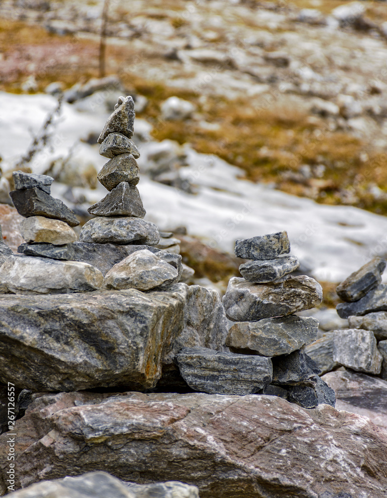 Stone pyramids built by tourists from pieces of marble in the mountain Park Ruskeala. Stone pyramids built by tourists from pieces of marble in the mountain Park Ruskeala.
