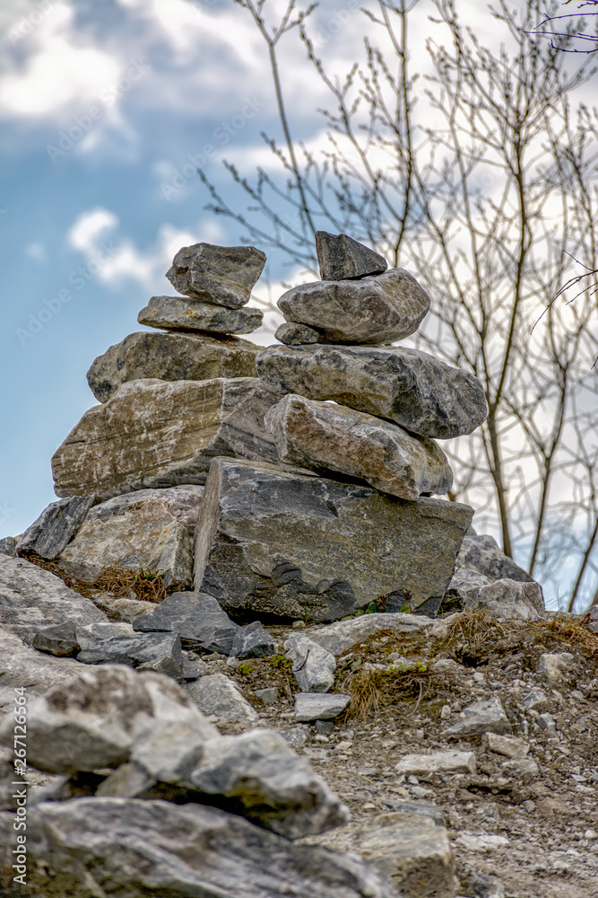 Stone pyramids built by tourists from pieces of marble in the mountain Park Ruskeala. Stone pyramids built by tourists from pieces of marble in the mountain Park Ruskeala.