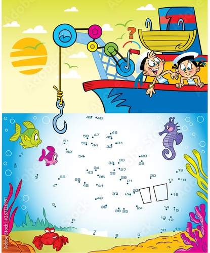 In the vector illustration puzzle with cartoon kids play sailors on the ship. Connect the dots to find out which object the children are lifting onto the ship.