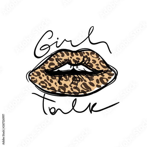 Girl talk slogan. Leopard spots lips typography graphic print, fashion drawing for t shirt