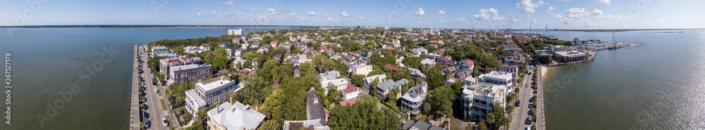Aerial panoramic view of the whole dowtown historic district of Charleston, South Carolina.