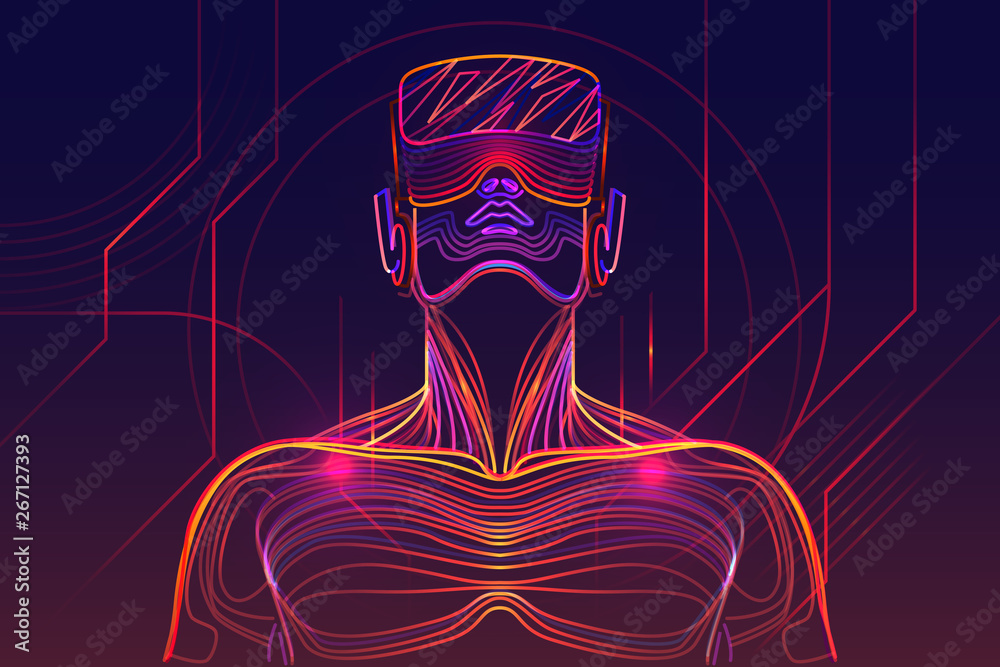 Person wearing virtual reality glasses. Abstract vr world with glowing lines  Stock Vector | Adobe Stock