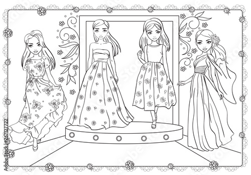 Coloring Girls In Long Floral Pattern Dresses