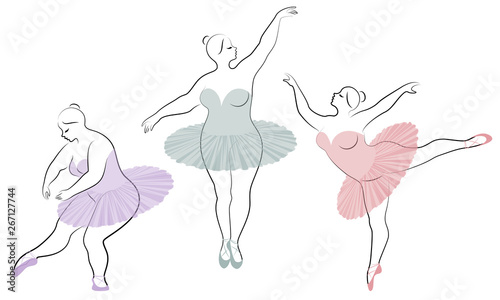 Collection. Silhouette of a cute lady, she is dancing ballet. Woman is overweight. The girl is plump and slim. Woman is ballerina, gymnast. Vector illustration set