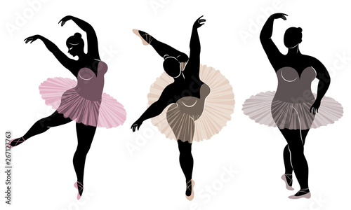 Collection. Silhouette of a cute lady, she is dancing ballet. Woman is overweight. The girl is plump and slim. Woman is ballerina, gymnast. Vector illustration set
